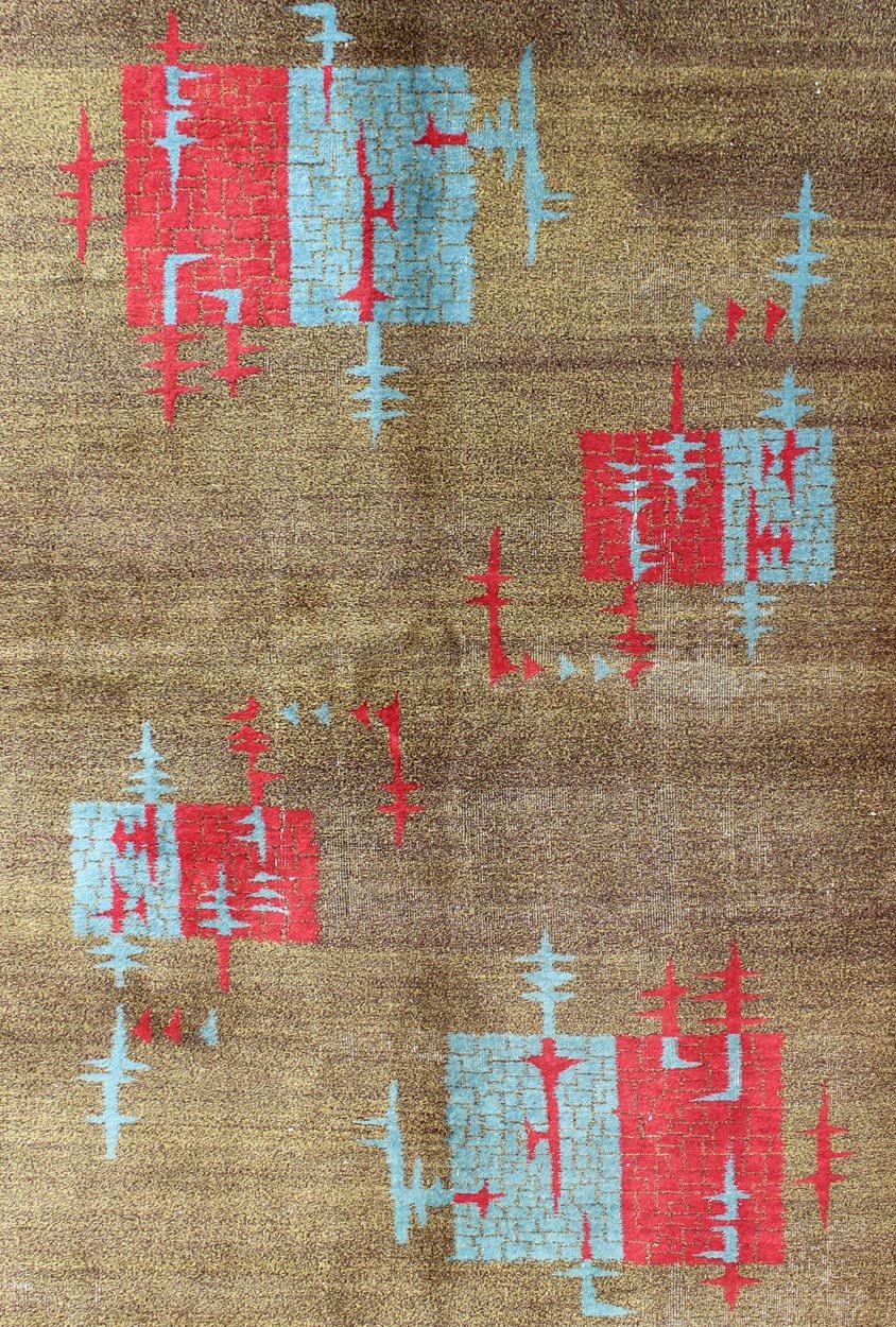 Mid - Century Modern Turkish Rug with Teal - Blue and Red Geometric Shapes & Brown Field Turkish Teal - Blue Mid - Century Modern Rug rug/en - 141708, origin/turkey This Mid - Century Modern carpet from Turkey is distinguished by a Minimalist desi... - Keivan Woven ArtsEN - 141708 - 6735Rug