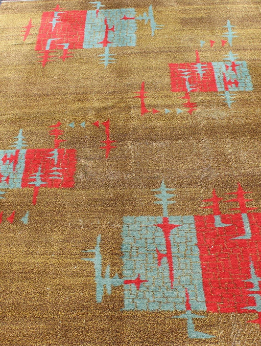 Mid - Century Modern Turkish Rug with Teal - Blue and Red Geometric Shapes & Brown Field Turkish Teal - Blue Mid - Century Modern Rug rug/en - 141708, origin/turkey This Mid - Century Modern carpet from Turkey is distinguished by a Minimalist desi... - Keivan Woven ArtsEN - 141708 - 6735