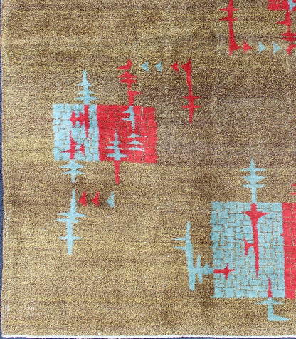 Mid - Century Modern Turkish Rug with Teal - Blue and Red Geometric Shapes & Brown Field Turkish Teal - Blue Mid - Century Modern Rug rug/en - 141708, origin/turkey This Mid - Century Modern carpet from Turkey is distinguished by a Minimalist desi... - Keivan Woven ArtsEN - 141708 - 6735Rug