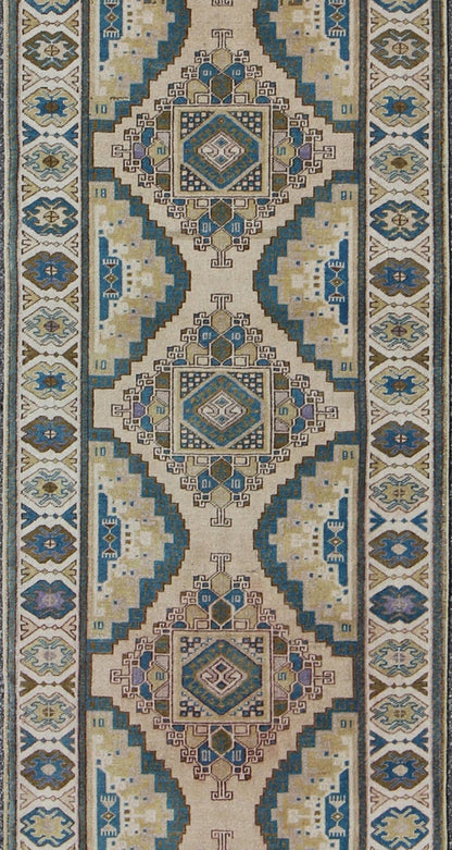 Teal, Green, Blue and Yellow Vintage Turkish Oushak Runner with Geometric Design Measures: 3'1'' x 12'5''. This vintage Turkish Oushak runner (circa 1930) features a unique blend of colors and an intricately beautiful design. The central ... - Keivan Woven ArtsEN - 141711 - 6739Rug
