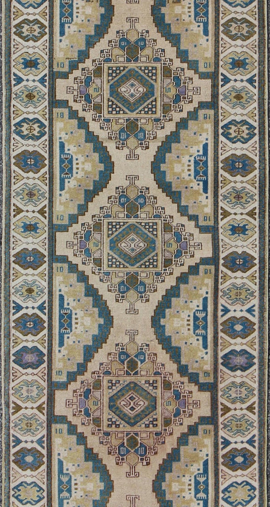 Teal, Green, Blue and Yellow Vintage Turkish Oushak Runner with Geometric Design Measures: 3'1'' x 12'5''. This vintage Turkish Oushak runner (circa 1930) features a unique blend of colors and an intricately beautiful design. The central ... - Keivan Woven ArtsEN - 141711 - 6739Rug