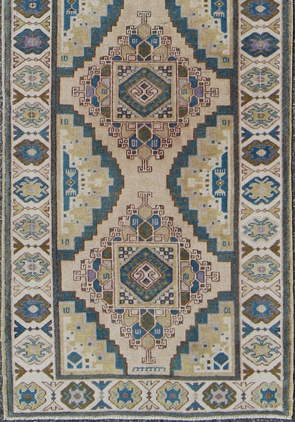 Teal, Green, Blue and Yellow Vintage Turkish Oushak Runner with Geometric Design Measures: 3'1'' x 12'5''. This vintage Turkish Oushak runner (circa 1930) features a unique blend of colors and an intricately beautiful design. The central ... - Keivan Woven ArtsEN - 141711 - 6739Rug