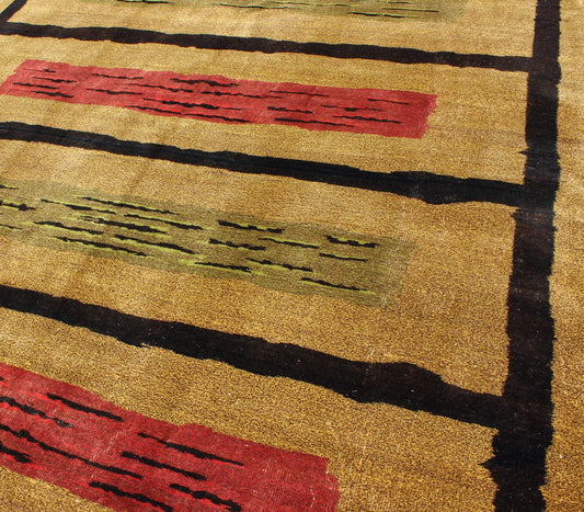 Mid - Century Modern Design Turkish Zeki Muren Rug in Golden and Sand Colors Measures: 6'10'' x 9'11''. Attributed to the famous Turkish rug designer, Zeki Muren, this Mid - Century modern design rug displays a sandy - tan background. The rug feat... - Keivan Woven ArtsEN - 141712 - 6743Rug