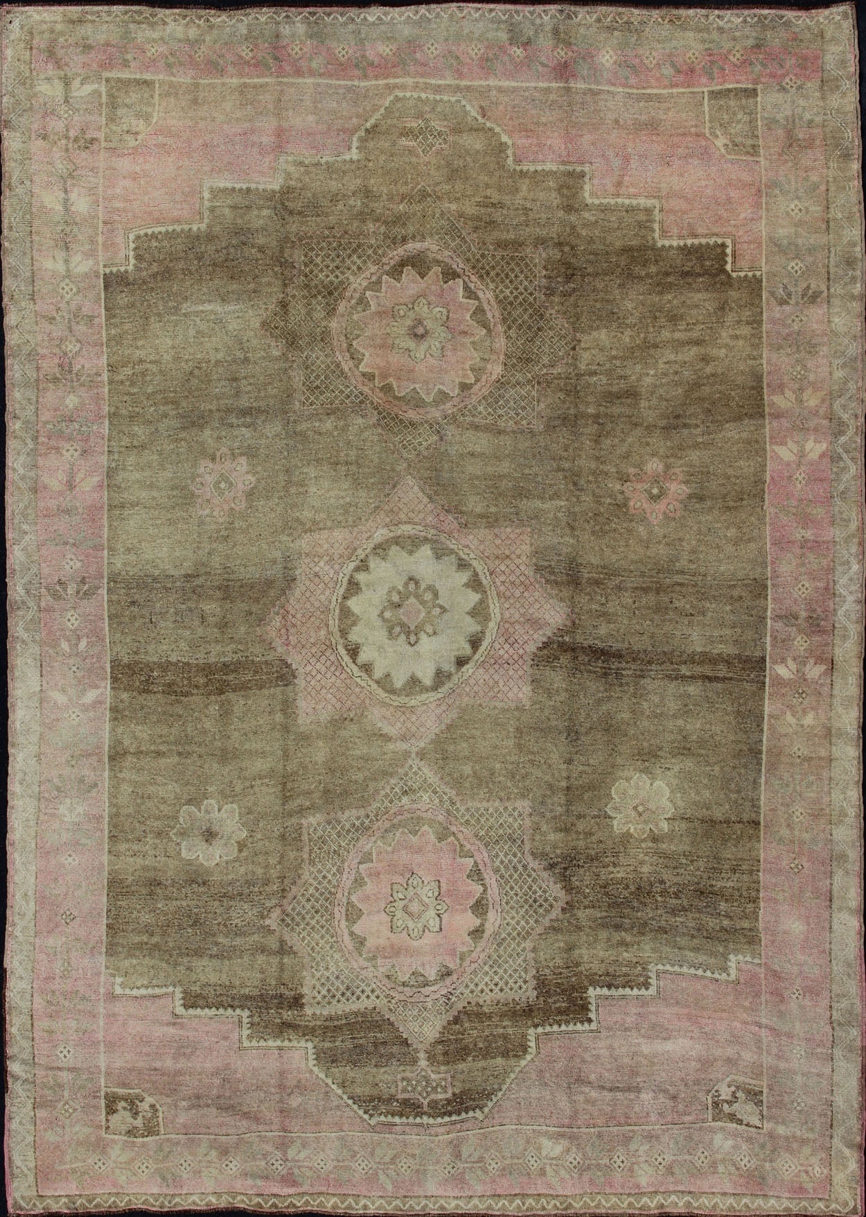 Large Turkish Rug with Modern Design in Light Olive Green, Taupe & Faint Pink. Large Turkish vintage Kars Rug. Large Turkish vintage Kars rug in modern design. Keivan Woven Arts rug / EN - 141713. Large Turkish vintage rug. Measures: 12' x 16' ... - Keivan Woven ArtsEN - 141713 - 7209Rug