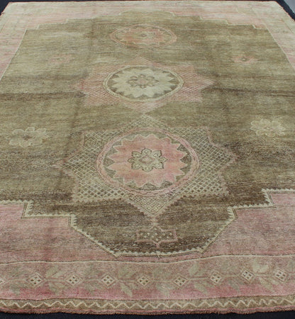 Large Turkish Rug with Modern Design in Light Olive Green, Taupe & Faint Pink. Large Turkish vintage Kars Rug. Large Turkish vintage Kars rug in modern design. Keivan Woven Arts rug / EN - 141713. Large Turkish vintage rug. Measures: 12' x 16' ... - Keivan Woven ArtsEN - 141713 - 7209Rug