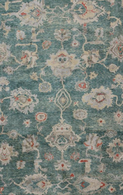 Green Color Turkish Oushak Rug Made with Hand Spun Wool & All - Over Design. Turkish Oushak Rug With Green, Taupe, Tan, Blush and Pop of Orange Turkish Oushak Rug with Green background and All - Over Flower Design, Keivan Woven Arts/ rug EN - 141714,... - Keivan Woven ArtsEN - 141714 - 6747Rug