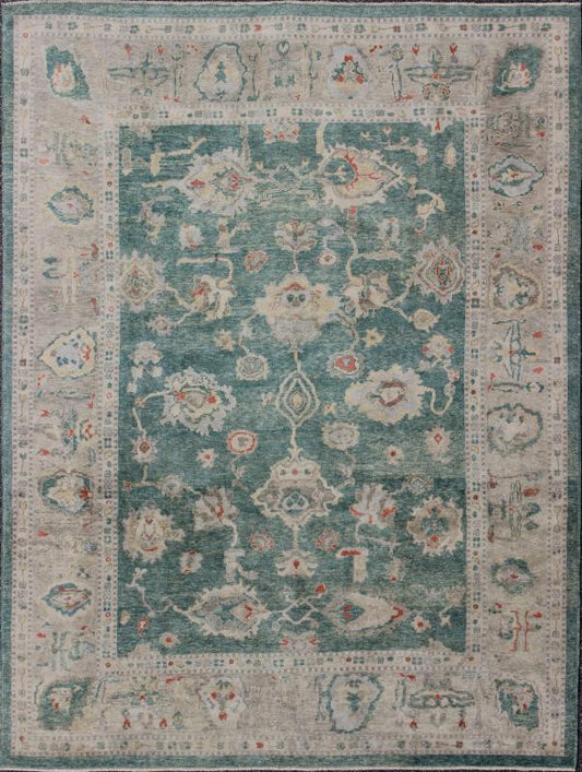 Green Color Turkish Oushak Rug Made with Hand Spun Wool & All - Over Design. Turkish Oushak Rug With Green, Taupe, Tan, Blush and Pop of Orange Turkish Oushak Rug with Green background and All - Over Flower Design, Keivan Woven Arts/ rug EN - 141714,... - Keivan Woven ArtsEN - 141714 - 6747Rug