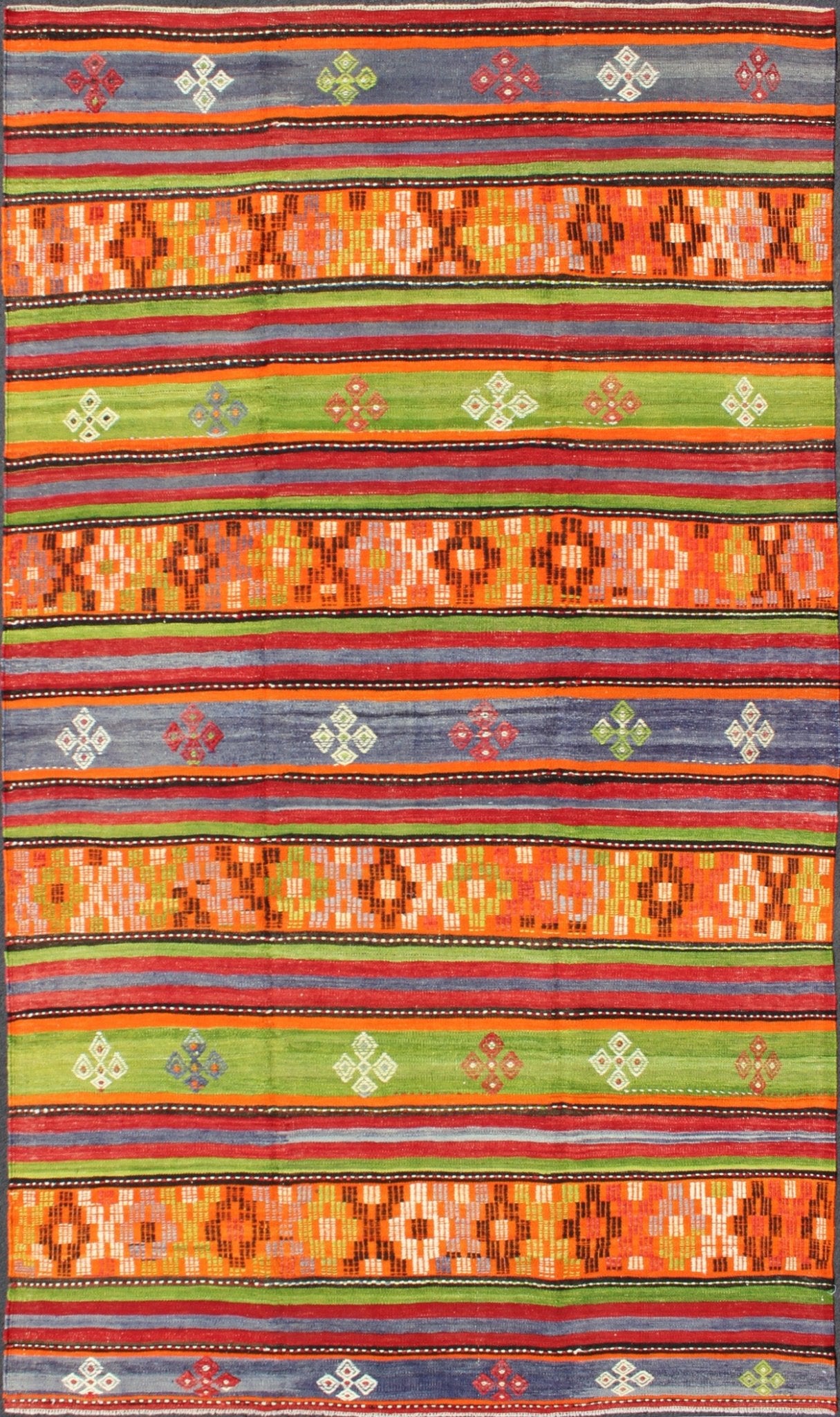 Colorful and Bright Turkish Kilim Rug with Stripe Geometric Design. Vintage Hand - Knotted Turkish Kilim, rug EN - 141719, country of origin / type: Turkey / Kilim, circa mid - 20th century. Featuring tribal shapes with a spotted and speckled asso... - Keivan Woven ArtsEN - 141719 - 6757Rug