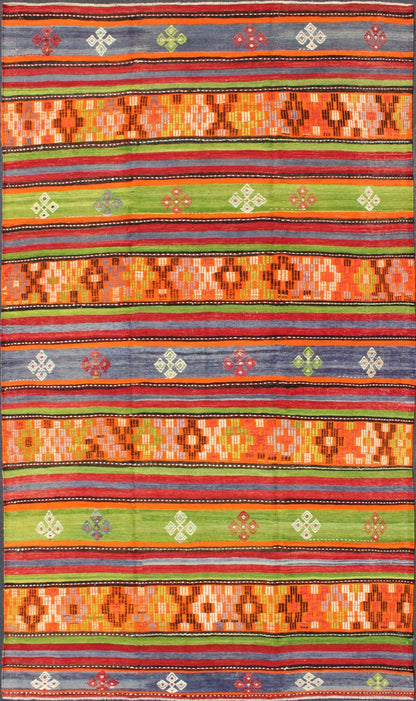 Colorful and Bright Turkish Kilim Rug with Stripe Geometric Design. Vintage Hand - Knotted Turkish Kilim, rug EN - 141719, country of origin / type: Turkey / Kilim, circa mid - 20th century. Featuring tribal shapes with a spotted and speckled asso... - Keivan Woven ArtsEN - 141719 - 6757Rug