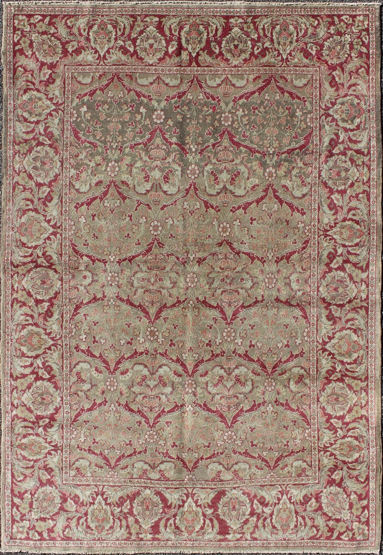 Vintage Turkish Sivas Rug in Burgundy Red, Cream, & Taupe With All - Over Design Measures: 5'0'' x 7'7''. In this Sivas piece, a traditional all - over pattern is reinterpreted with a subtle arabesque aesthetic. vinery, floral designs, and l... - Keivan Woven ArtsEN - 141730 - 7215Rug