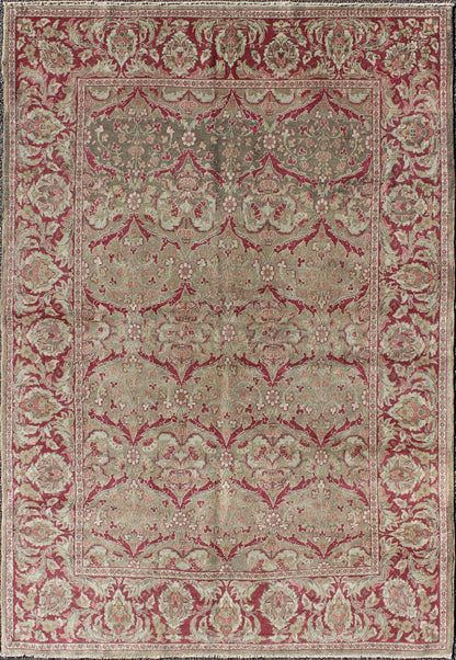 Vintage Turkish Sivas Rug in Burgundy Red, Cream, & Taupe With All - Over Design Measures: 5'0'' x 7'7''. In this Sivas piece, a traditional all - over pattern is reinterpreted with a subtle arabesque aesthetic. vinery, floral designs, and l... - Keivan Woven ArtsEN - 141730 - 7215Rug