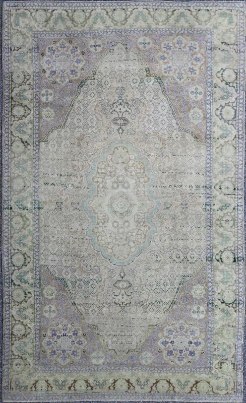 Vintage Turkish Rug with European Design in Various Shades of Lavender and Green This beautiful rug from mid - 20th century Turkey features a traditionally European design. The faint cream ground is home to the elaborate center medallion and surr... - Keivan Woven ArtsEN - 141743 - 6765Rug