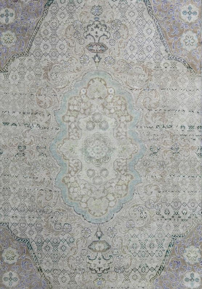 Vintage Turkish Rug with European Design in Various Shades of Lavender and Green This beautiful rug from mid - 20th century Turkey features a traditionally European design. The faint cream ground is home to the elaborate center medallion and surr... - Keivan Woven ArtsEN - 141743 - 6765Rug