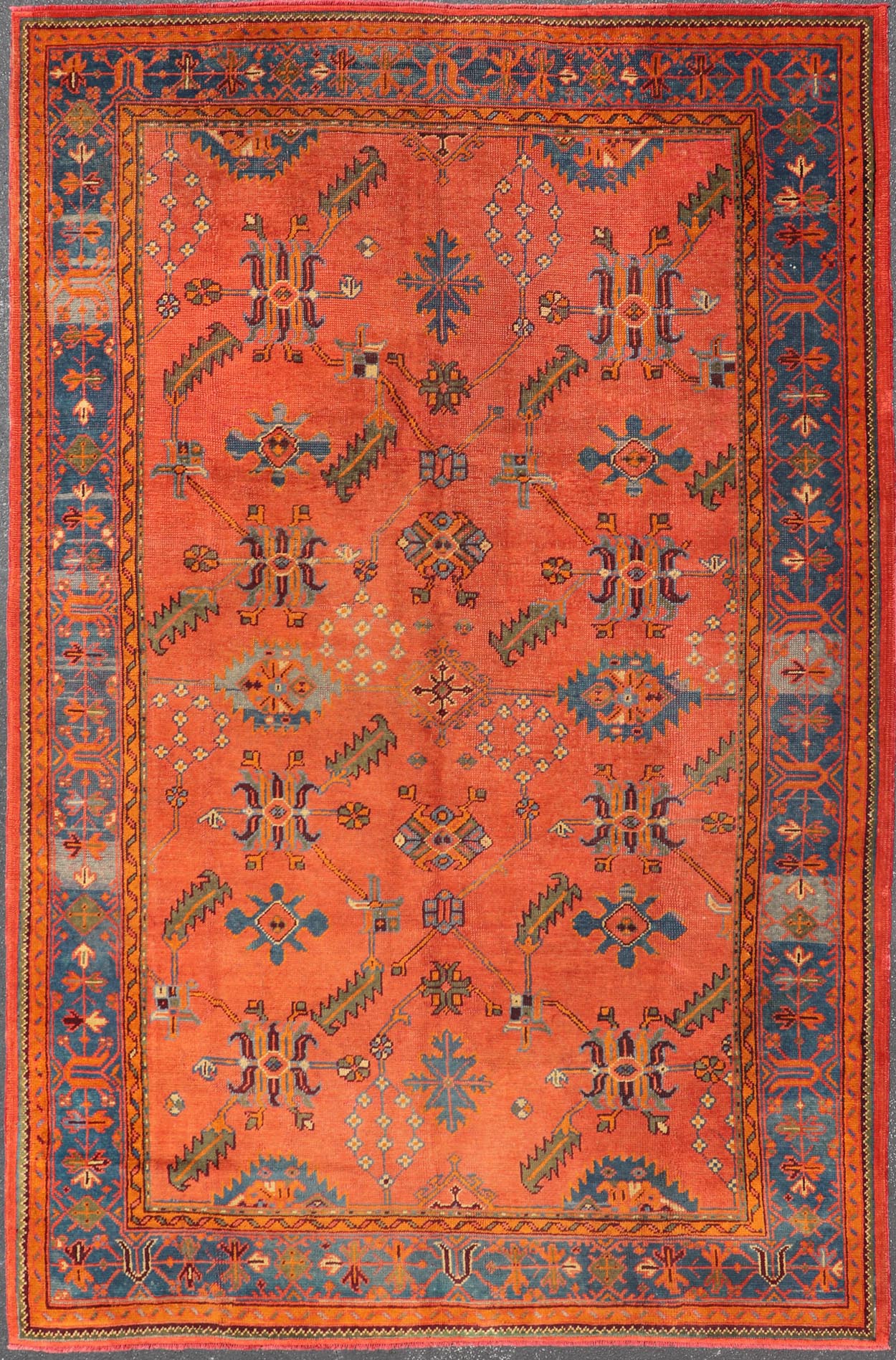 Antique Turkish Oushak Colorful Rug With All - Over Design In Salmon and Blue's. Keivan Woven Arts; rug EN - 141817, Country of Origin: Turkey Type: Antique Oushak Design: Floral, Sub - Geometric, All - Over. Measures: 7'9 x 12'4. Vibrant flowers and... - Keivan Woven ArtsEN - 141817 - 8026Rug
