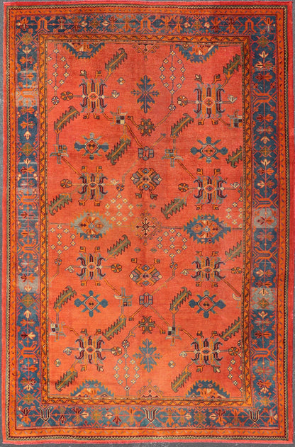 Antique Turkish Oushak Colorful Rug With All - Over Design In Salmon and Blue's. Keivan Woven Arts; rug EN - 141817, Country of Origin: Turkey Type: Antique Oushak Design: Floral, Sub - Geometric, All - Over. Measures: 7'9 x 12'4. Vibrant flowers and... - Keivan Woven ArtsEN - 141817 - 8026Rug