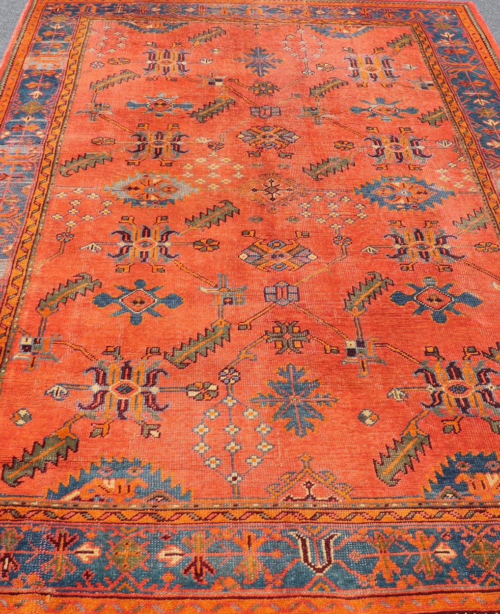 Antique Turkish Oushak Colorful Rug With All - Over Design In Salmon and Blue's. Keivan Woven Arts; rug EN - 141817, Country of Origin: Turkey Type: Antique Oushak Design: Floral, Sub - Geometric, All - Over. Measures: 7'9 x 12'4. Vibrant flowers and... - Keivan Woven ArtsEN - 141817 - 8026Rug