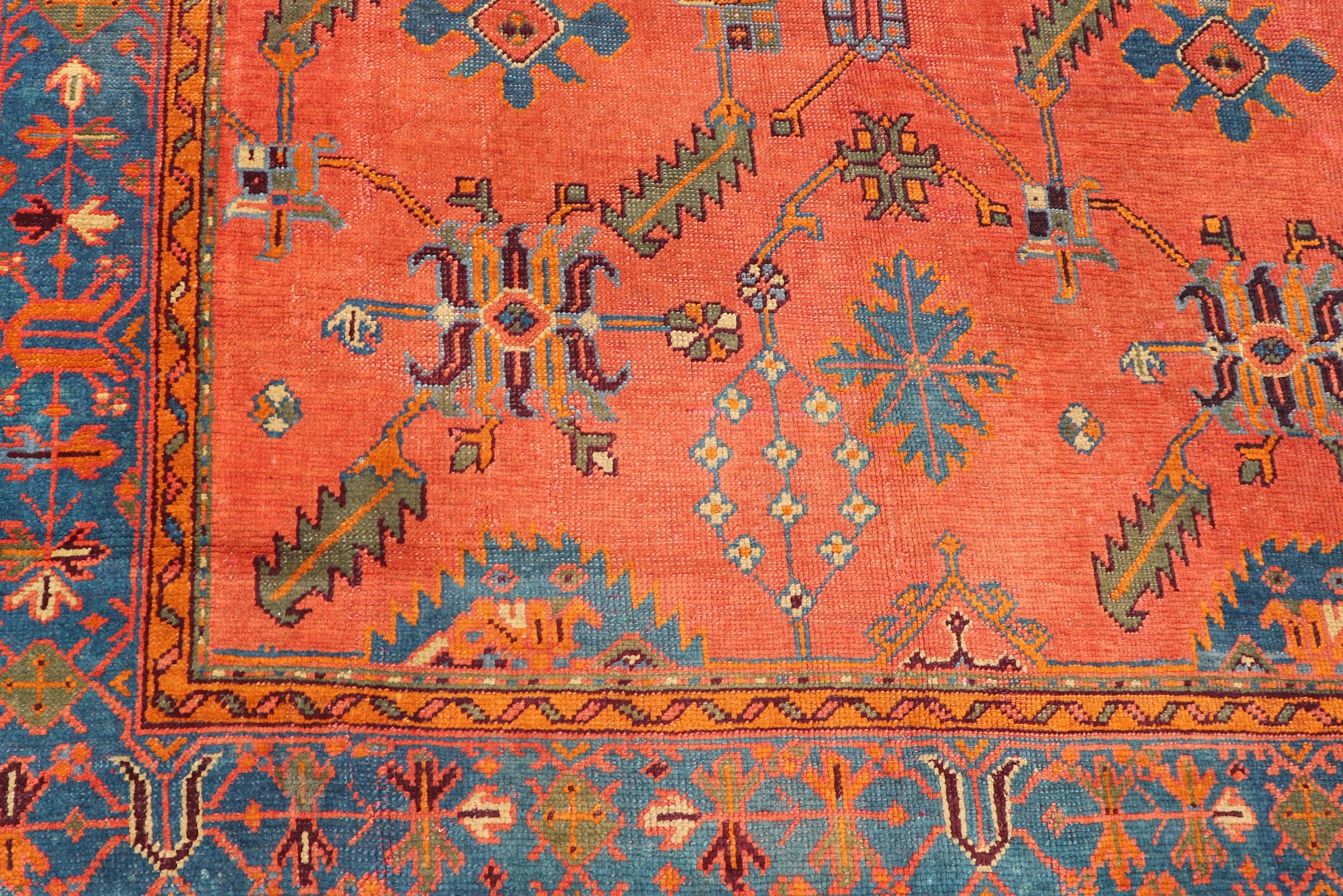 Antique Turkish Oushak Colorful Rug With All - Over Design In Salmon and Blue's. Keivan Woven Arts; rug EN - 141817, Country of Origin: Turkey Type: Antique Oushak Design: Floral, Sub - Geometric, All - Over. Measures: 7'9 x 12'4. Vibrant flowers and... - Keivan Woven ArtsEN - 141817 - 8026Rug