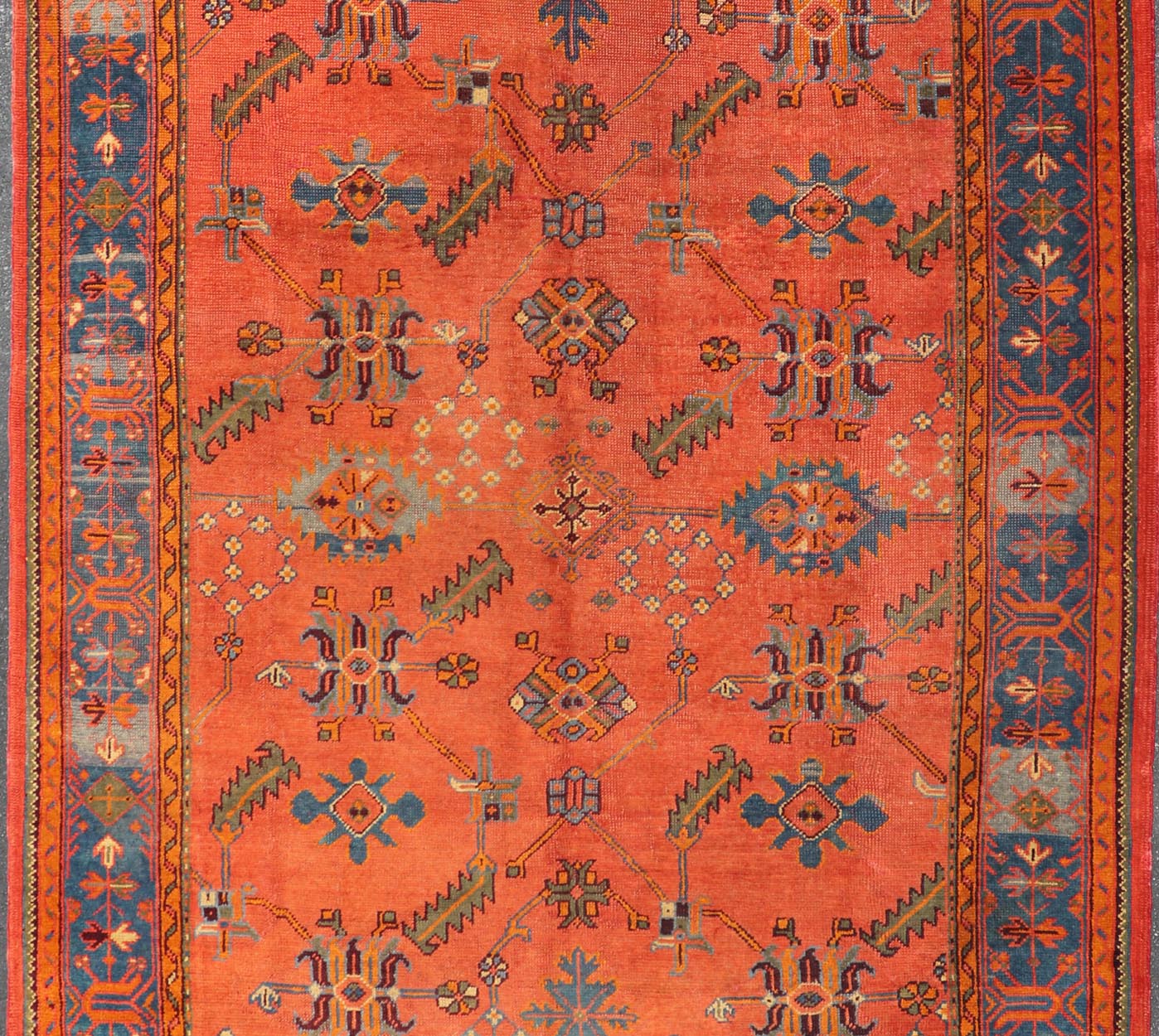 Antique Turkish Oushak Colorful Rug With All - Over Design In Salmon and Blue's. Keivan Woven Arts; rug EN - 141817, Country of Origin: Turkey Type: Antique Oushak Design: Floral, Sub - Geometric, All - Over. Measures: 7'9 x 12'4. Vibrant flowers and... - Keivan Woven ArtsEN - 141817 - 8026Rug