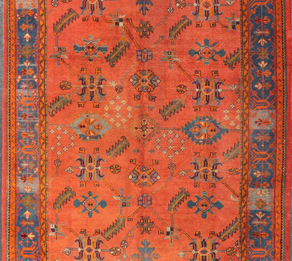 Antique Turkish Oushak Colorful Rug With All - Over Design In Salmon and Blue's. Keivan Woven Arts; rug EN - 141817, Country of Origin: Turkey Type: Antique Oushak Design: Floral, Sub - Geometric, All - Over. Measures: 7'9 x 12'4. Vibrant flowers and... - Keivan Woven ArtsEN - 141817 - 8026Rug