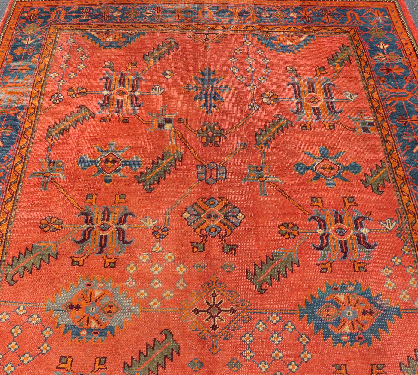 Antique Turkish Oushak Colorful Rug With All - Over Design In Salmon and Blue's. Keivan Woven Arts; rug EN - 141817, Country of Origin: Turkey Type: Antique Oushak Design: Floral, Sub - Geometric, All - Over. Measures: 7'9 x 12'4. Vibrant flowers and... - Keivan Woven ArtsEN - 141817 - 8026Rug