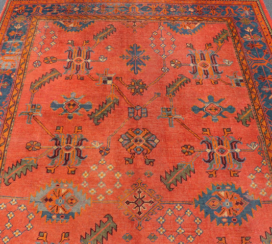 Antique Turkish Oushak Colorful Rug With All - Over Design In Salmon and Blue's. Keivan Woven Arts; rug EN - 141817, Country of Origin: Turkey Type: Antique Oushak Design: Floral, Sub - Geometric, All - Over. Measures: 7'9 x 12'4. Vibrant flowers and... - Keivan Woven ArtsEN - 141817 - 8026Rug
