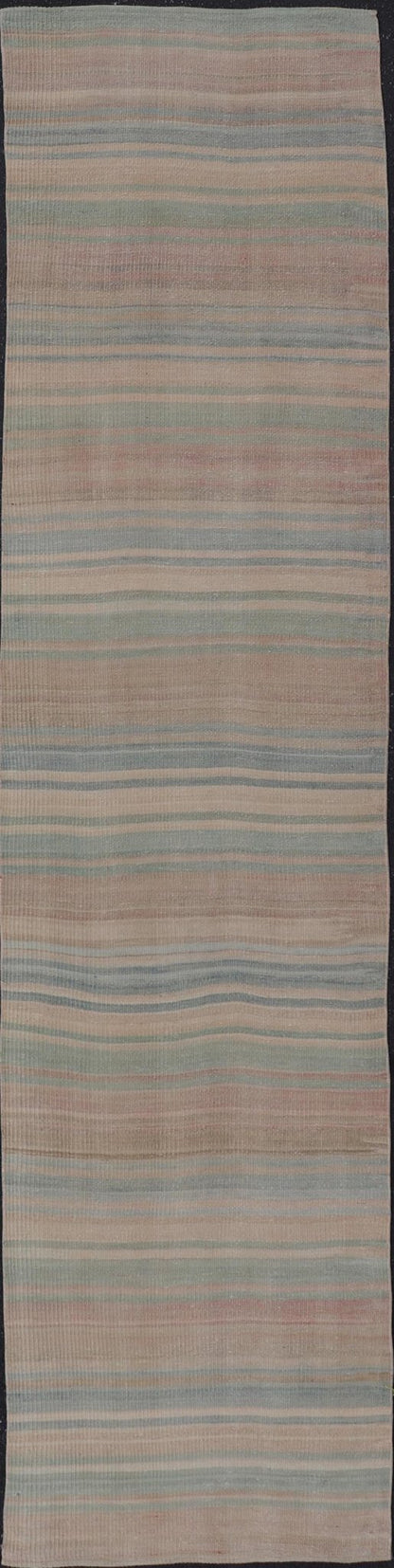 Vintage Turkish Kilim Runner with Subtle Stripes in Pastel Hues - Keivan Woven ArtsEN - 14185Rug