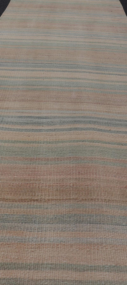 Vintage Turkish Kilim Runner with Subtle Stripes in Pastel Hues - Keivan Woven ArtsEN - 14185Rug