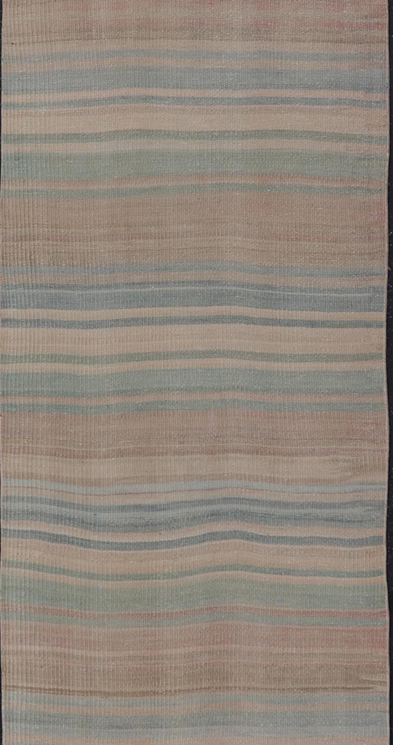 Vintage Turkish Kilim Runner with Subtle Stripes in Pastel Hues - Keivan Woven ArtsEN - 14185Rug