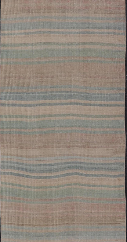 Vintage Turkish Kilim Runner with Subtle Stripes in Pastel Hues - Keivan Woven ArtsEN - 14185Rug