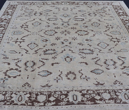 Square Shaped Vintage Turkish Oushak Rug with Brown, Lt. Blue and Cream Tones Keivan Woven Arts / rug EN - 141954, country of origin / type: Turkey / Oushak, circa mid - 20th Century. Measures: 11'0'' x 12'5''. This vintage Turkish Oushak rug from th... - Keivan Woven ArtsEN - 141954 - 7835Rug