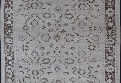 Square Shaped Vintage Turkish Oushak Rug with Brown, Lt. Blue and Cream Tones Keivan Woven Arts / rug EN - 141954, country of origin / type: Turkey / Oushak, circa mid - 20th Century. Measures: 11'0'' x 12'5''. This vintage Turkish Oushak rug from th... - Keivan Woven ArtsEN - 141954 - 7835Rug
