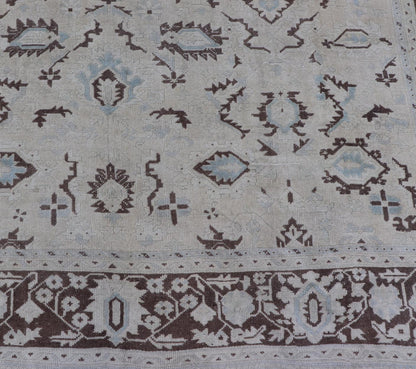 Square Shaped Vintage Turkish Oushak Rug with Brown, Lt. Blue and Cream Tones Keivan Woven Arts / rug EN - 141954, country of origin / type: Turkey / Oushak, circa mid - 20th Century. Measures: 11'0'' x 12'5''. This vintage Turkish Oushak rug from th... - Keivan Woven ArtsEN - 141954 - 7835Rug
