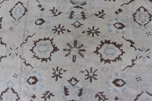 Square Shaped Vintage Turkish Oushak Rug with Brown, Lt. Blue and Cream Tones Keivan Woven Arts / rug EN - 141954, country of origin / type: Turkey / Oushak, circa mid - 20th Century. Measures: 11'0'' x 12'5''. This vintage Turkish Oushak rug from th... - Keivan Woven ArtsEN - 141954 - 7835Rug