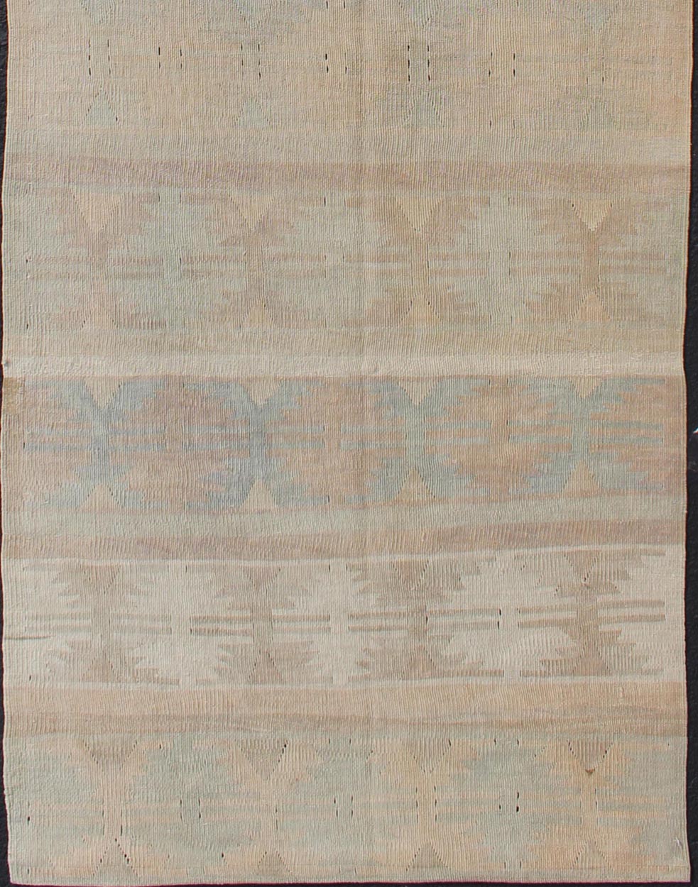Vintage Turkish Kilim Runner With a Stripe Design in Muted Earthy Color Tones Vintage Turkish Kilim runner with a stripe and modern design in taupe, cream, brown, light blue, and light green Minimalist stripe design Kilim runner from Turkey, ... - Keivan Woven ArtsEN - 141994 - 10932Rug