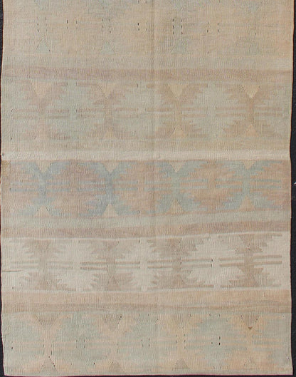 Vintage Turkish Kilim Runner With a Stripe Design in Muted Earthy Color Tones Vintage Turkish Kilim runner with a stripe and modern design in taupe, cream, brown, light blue, and light green Minimalist stripe design Kilim runner from Turkey, ... - Keivan Woven ArtsEN - 141994 - 10932Rug