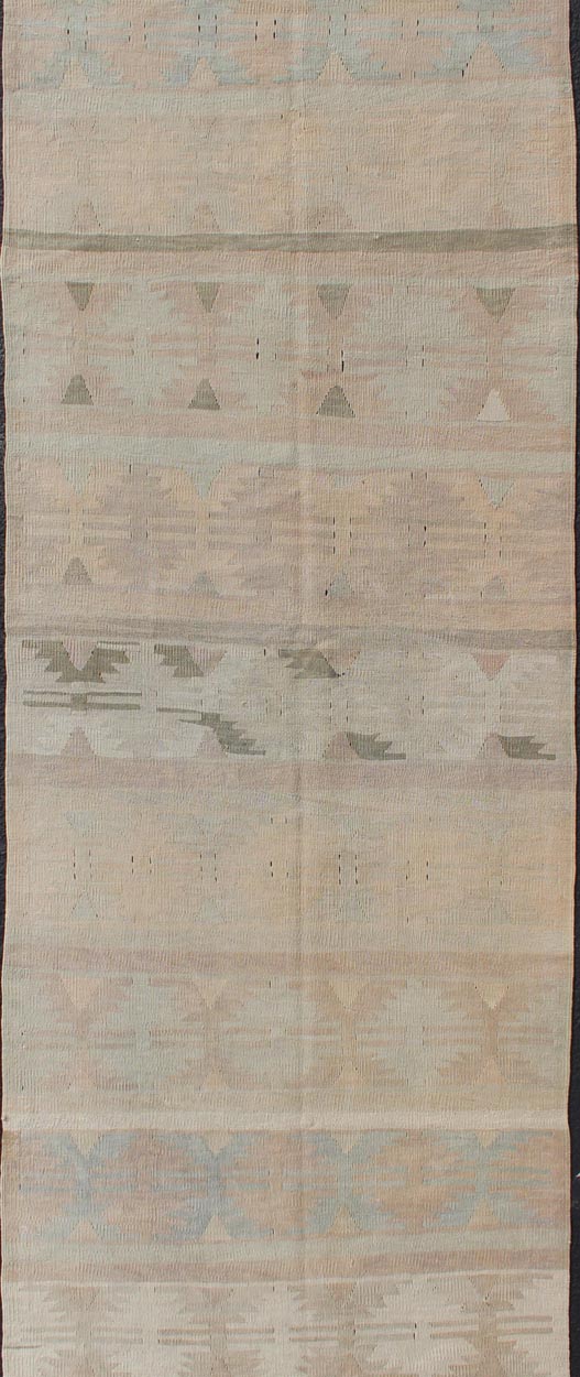 Vintage Turkish Kilim Runner With a Stripe Design in Muted Earthy Color Tones Vintage Turkish Kilim runner with a stripe and modern design in taupe, cream, brown, light blue, and light green Minimalist stripe design Kilim runner from Turkey, ... - Keivan Woven ArtsEN - 141994 - 10932Rug