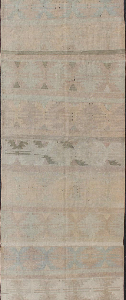 Vintage Turkish Kilim Runner With a Stripe Design in Muted Earthy Color Tones Vintage Turkish Kilim runner with a stripe and modern design in taupe, cream, brown, light blue, and light green Minimalist stripe design Kilim runner from Turkey, ... - Keivan Woven ArtsEN - 141994 - 10932Rug