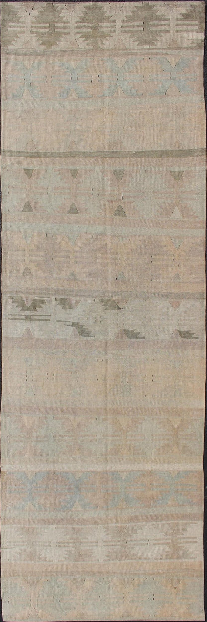 Vintage Turkish Kilim Runner With a Stripe Design in Muted Earthy Color Tones Vintage Turkish Kilim runner with a stripe and modern design in taupe, cream, brown, light blue, and light green Minimalist stripe design Kilim runner from Turkey, ... - Keivan Woven ArtsEN - 141994 - 10932Rug
