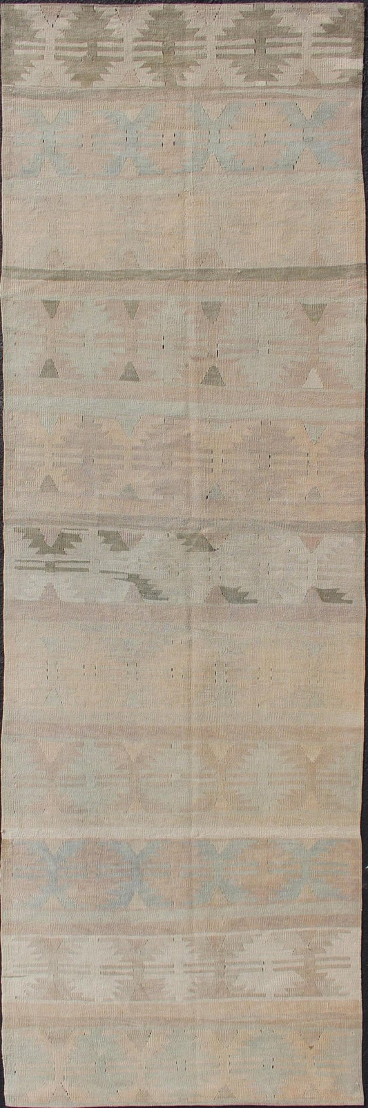 Vintage Turkish Kilim Runner With a Stripe Design in Muted Earthy Color Tones Vintage Turkish Kilim runner with a stripe and modern design in taupe, cream, brown, light blue, and light green Minimalist stripe design Kilim runner from Turkey, ... - Keivan Woven ArtsEN - 141994 - 10932Rug