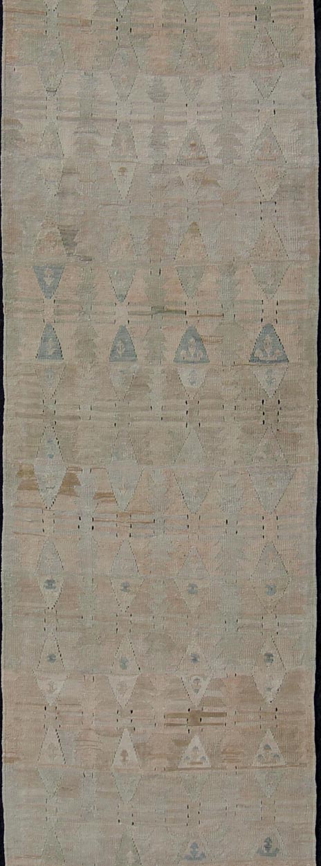 Vintage Turkish Kilim Flat Weave Runner with Unique Design in Muted Tones Flat - weave Kilim vintage runner from Turkey with unique design in neutral, muted colors, Keivan Woven Arts / rug en - 141995, country of origin / type: Turkey / Kilim, circa... - Keivan Woven ArtsEN - 141995 - 10936Rug