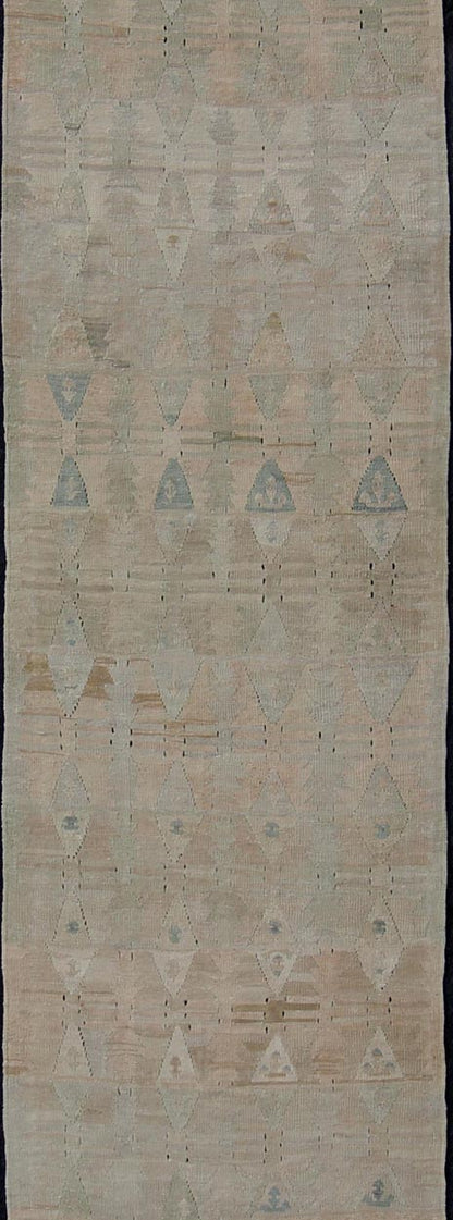 Vintage Turkish Kilim Flat Weave Runner with Unique Design in Muted Tones Flat - weave Kilim vintage runner from Turkey with unique design in neutral, muted colors, Keivan Woven Arts / rug en - 141995, country of origin / type: Turkey / Kilim, circa... - Keivan Woven ArtsEN - 141995 - 10936Rug
