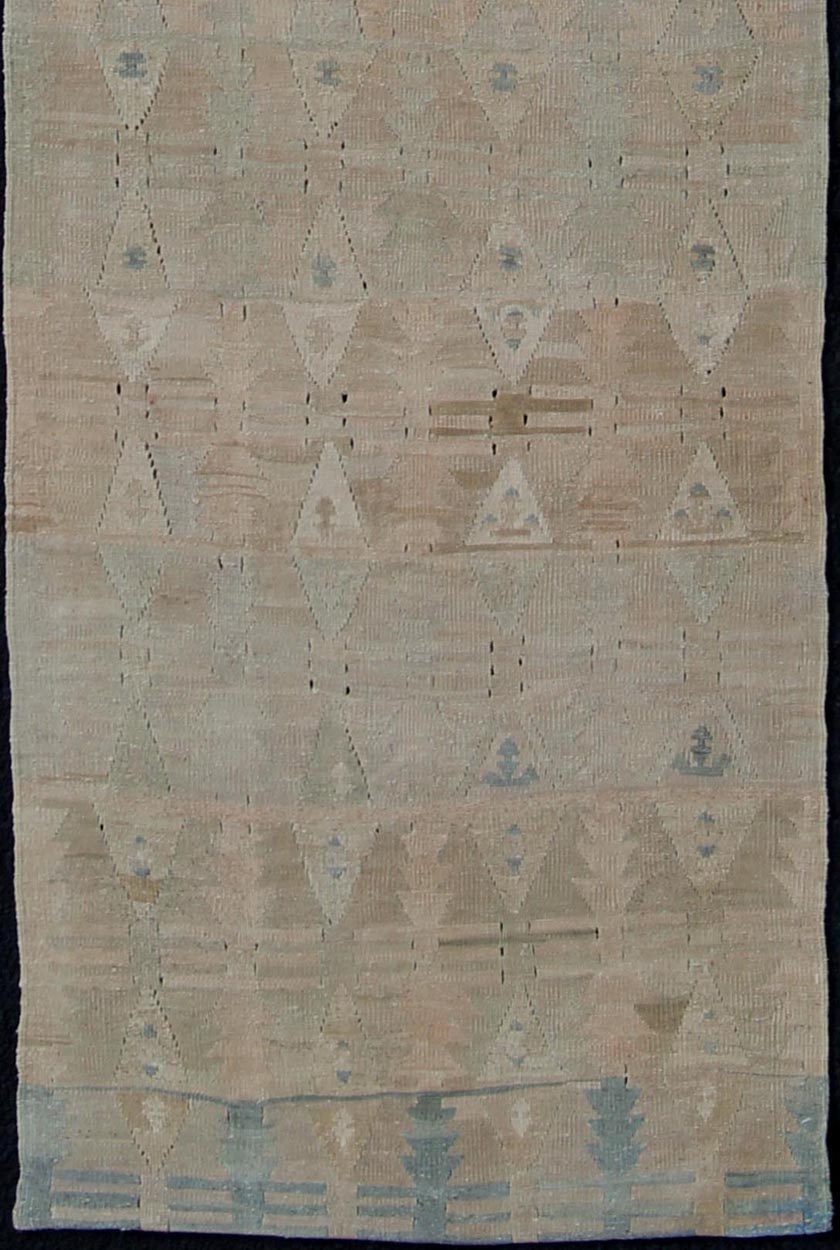 Vintage Turkish Kilim Flat Weave Runner with Unique Design in Muted Tones Flat - weave Kilim vintage runner from Turkey with unique design in neutral, muted colors, Keivan Woven Arts / rug en - 141995, country of origin / type: Turkey / Kilim, circa... - Keivan Woven ArtsEN - 141995 - 10936Rug