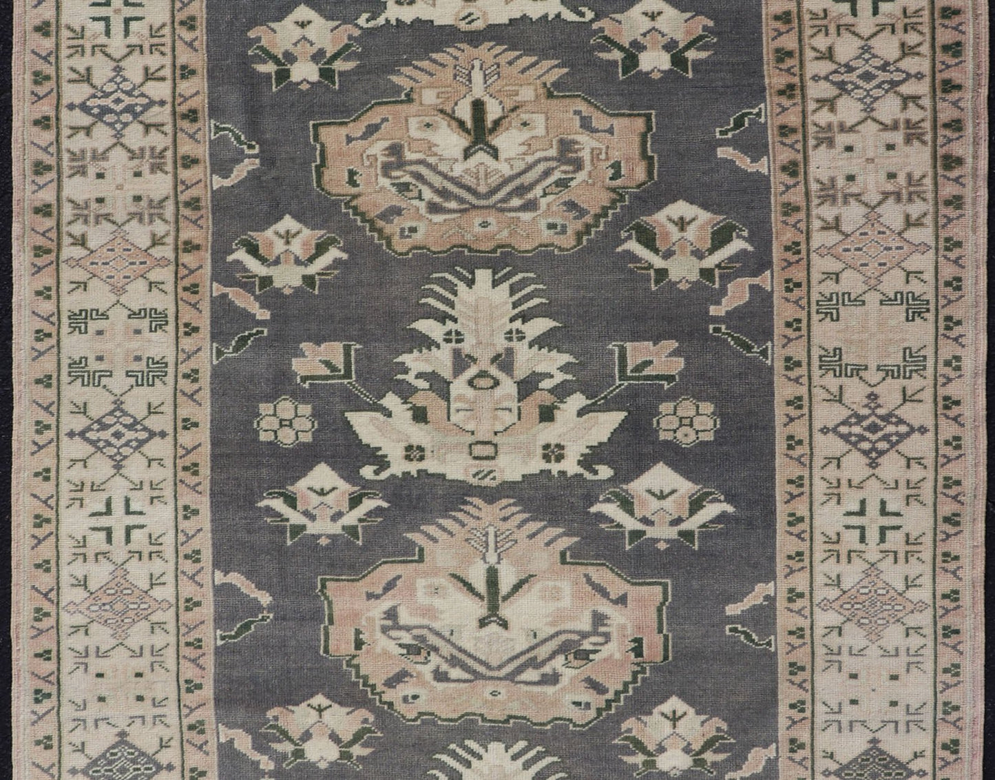 Measures: 4'8 x 7'5 Turkish Oushak Rug Vintage with Three Floral Medallion Design In Blue and Cream. Keivan Woven Arts / rug EN - 14201, country of origin / type: Turkey / Oushak, circa 1940 This striking vintage Turkish Oushak rug bears a blue - co... - Keivan Woven ArtsEN - 14201 - 22734Rug