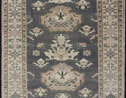 Measures: 4'8 x 7'5 Turkish Oushak Rug Vintage with Three Floral Medallion Design In Blue and Cream. Keivan Woven Arts / rug EN - 14201, country of origin / type: Turkey / Oushak, circa 1940 This striking vintage Turkish Oushak rug bears a blue - co... - Keivan Woven ArtsEN - 14201 - 22734Rug