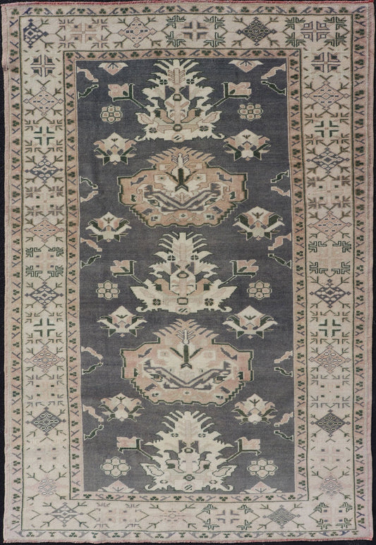 Measures: 4'8 x 7'5 Turkish Oushak Rug Vintage with Three Floral Medallion Design In Blue and Cream. Keivan Woven Arts / rug EN - 14201, country of origin / type: Turkey / Oushak, circa 1940 This striking vintage Turkish Oushak rug bears a blue - co... - Keivan Woven ArtsEN - 14201 - 22734Rug