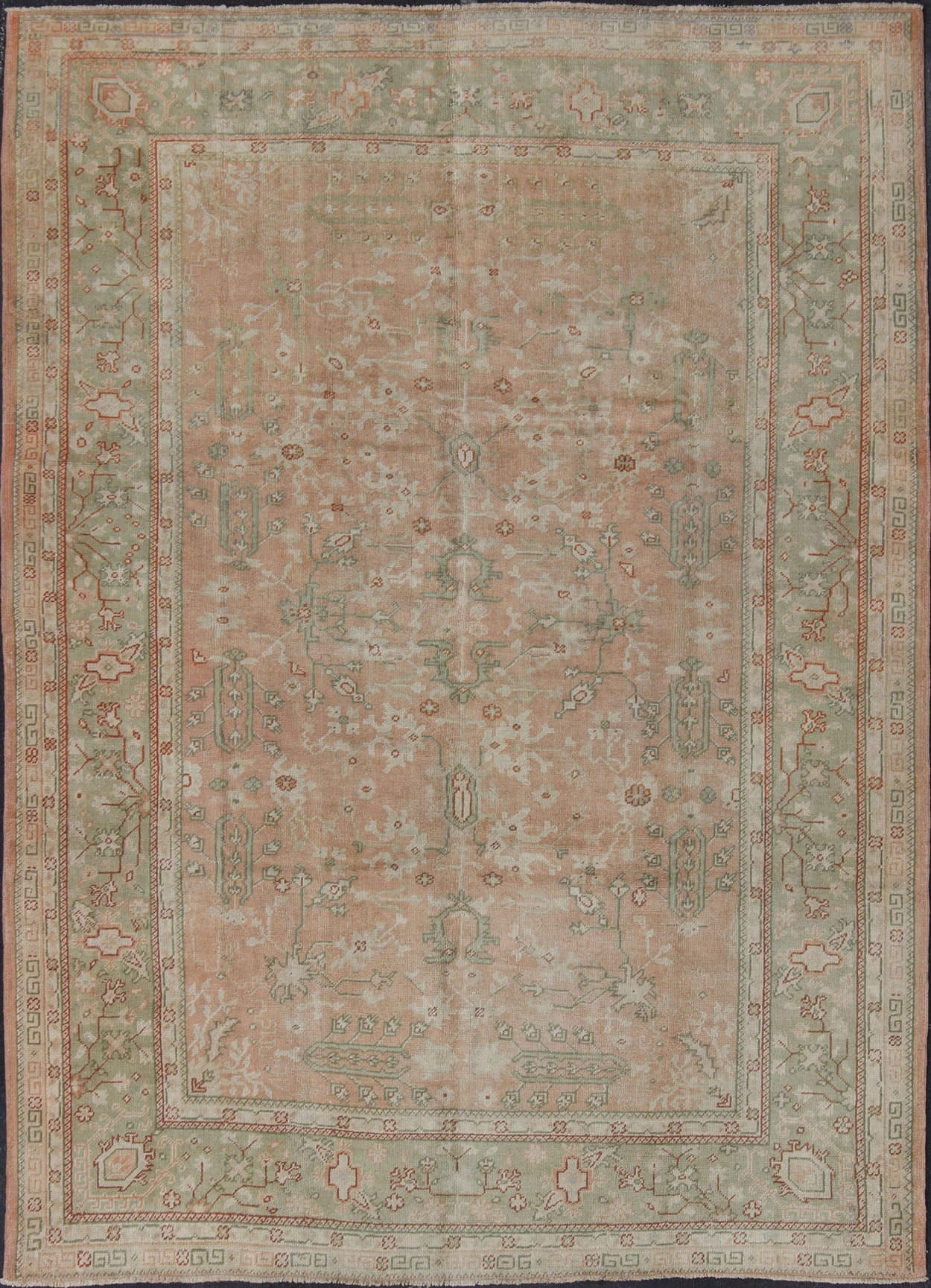 Classic All Over Design Antique Oushak Rug in Light Coral and Light Gray Green, Keivan Woven Arts / rug /EN - 142045, country of origin / type: Turkey / Oushak, circa Early - 20th century , Classic Oushak Decorative Rug. Measures: 8'0 x 10'9. ... - Keivan Woven ArtsEN - 142045 - 8032Rug