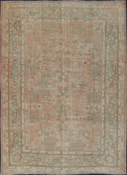 Classic All Over Design Antique Oushak Rug in Light Coral and Light Gray Green, Keivan Woven Arts / rug /EN - 142045, country of origin / type: Turkey / Oushak, circa Early - 20th century , Classic Oushak Decorative Rug. Measures: 8'0 x 10'9. ... - Keivan Woven ArtsEN - 142045 - 8032Rug