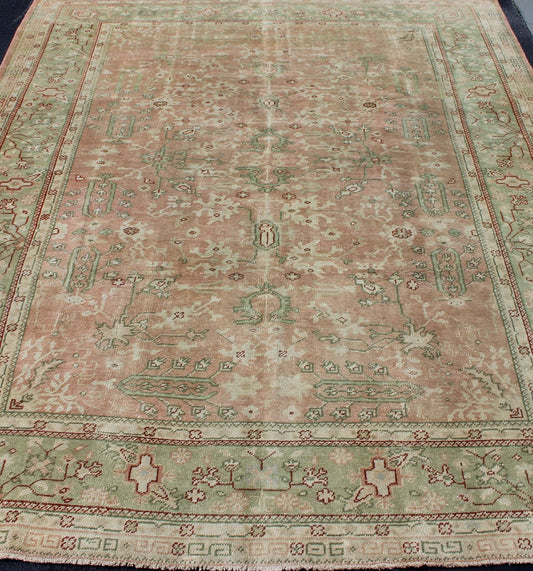 Classic All Over Design Antique Oushak Rug in Light Coral and Light Gray Green, Keivan Woven Arts / rug /EN - 142045, country of origin / type: Turkey / Oushak, circa Early - 20th century , Classic Oushak Decorative Rug. Measures: 8'0 x 10'9. ... - Keivan Woven ArtsEN - 142045 - 8032Rug
