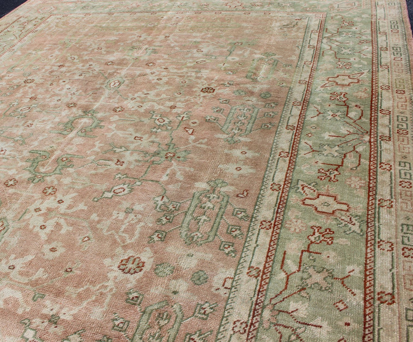 Classic All Over Design Antique Oushak Rug in Light Coral and Light Gray Green, Keivan Woven Arts / rug /EN - 142045, country of origin / type: Turkey / Oushak, circa Early - 20th century , Classic Oushak Decorative Rug. Measures: 8'0 x 10'9. ... - Keivan Woven ArtsEN - 142045 - 8032Rug