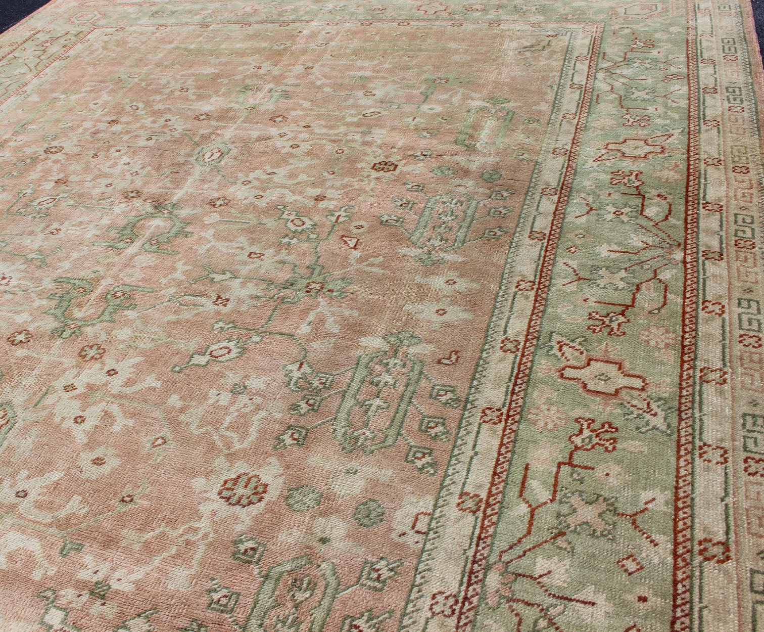 Classic All Over Design Antique Oushak Rug in Light Coral and Light Gray Green, Keivan Woven Arts / rug /EN - 142045, country of origin / type: Turkey / Oushak, circa Early - 20th century , Classic Oushak Decorative Rug. Measures: 8'0 x 10'9. ... - Keivan Woven ArtsEN - 142045 - 8032Rug